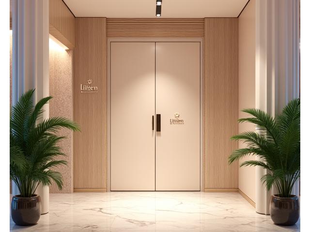 Eleganckie wejście do Lilien Spa & Beauty z subtelnym światłem i zielonymi akcentami