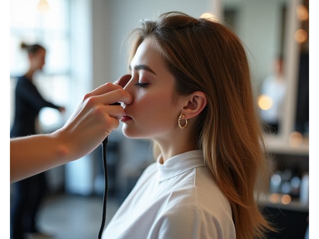 Fryzjer stylizujący włosy klientki w salonie